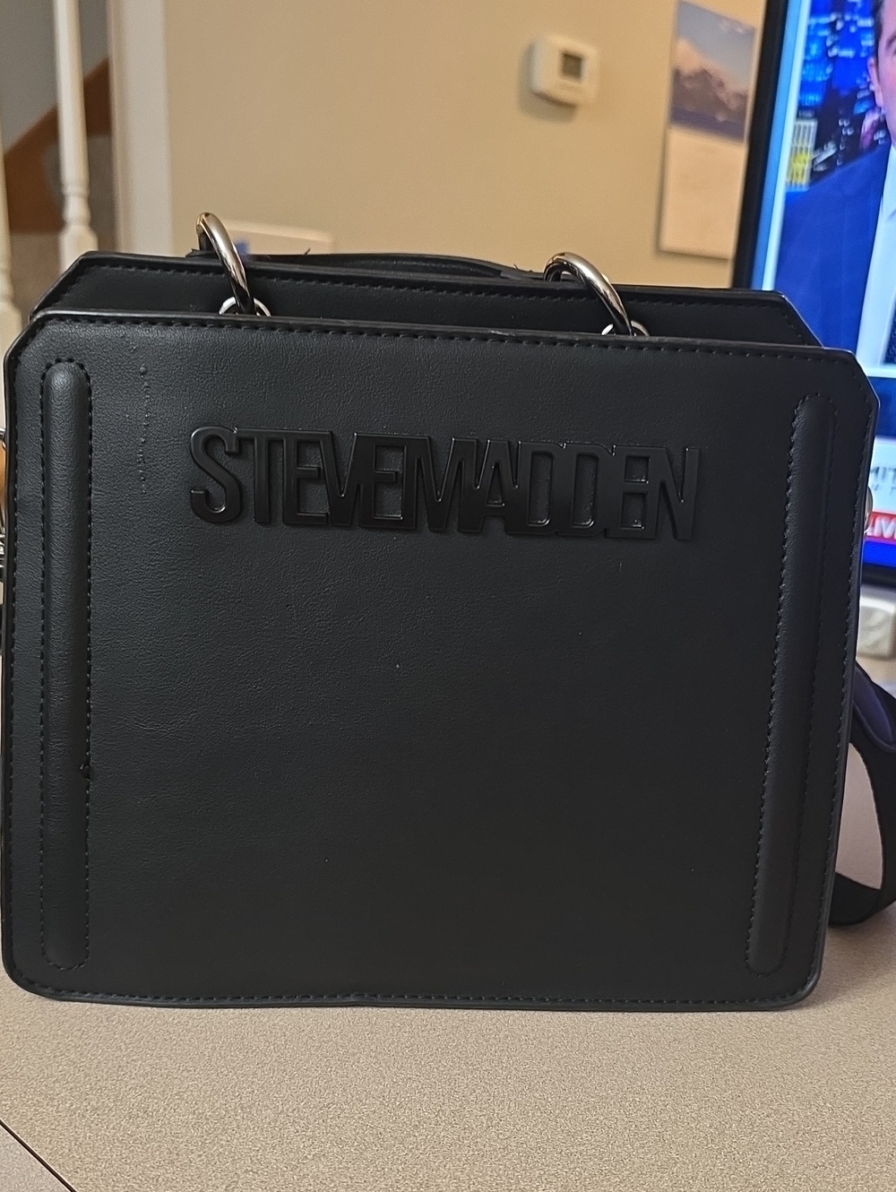 Steve Madden Black Structured Logo Messenger Bag